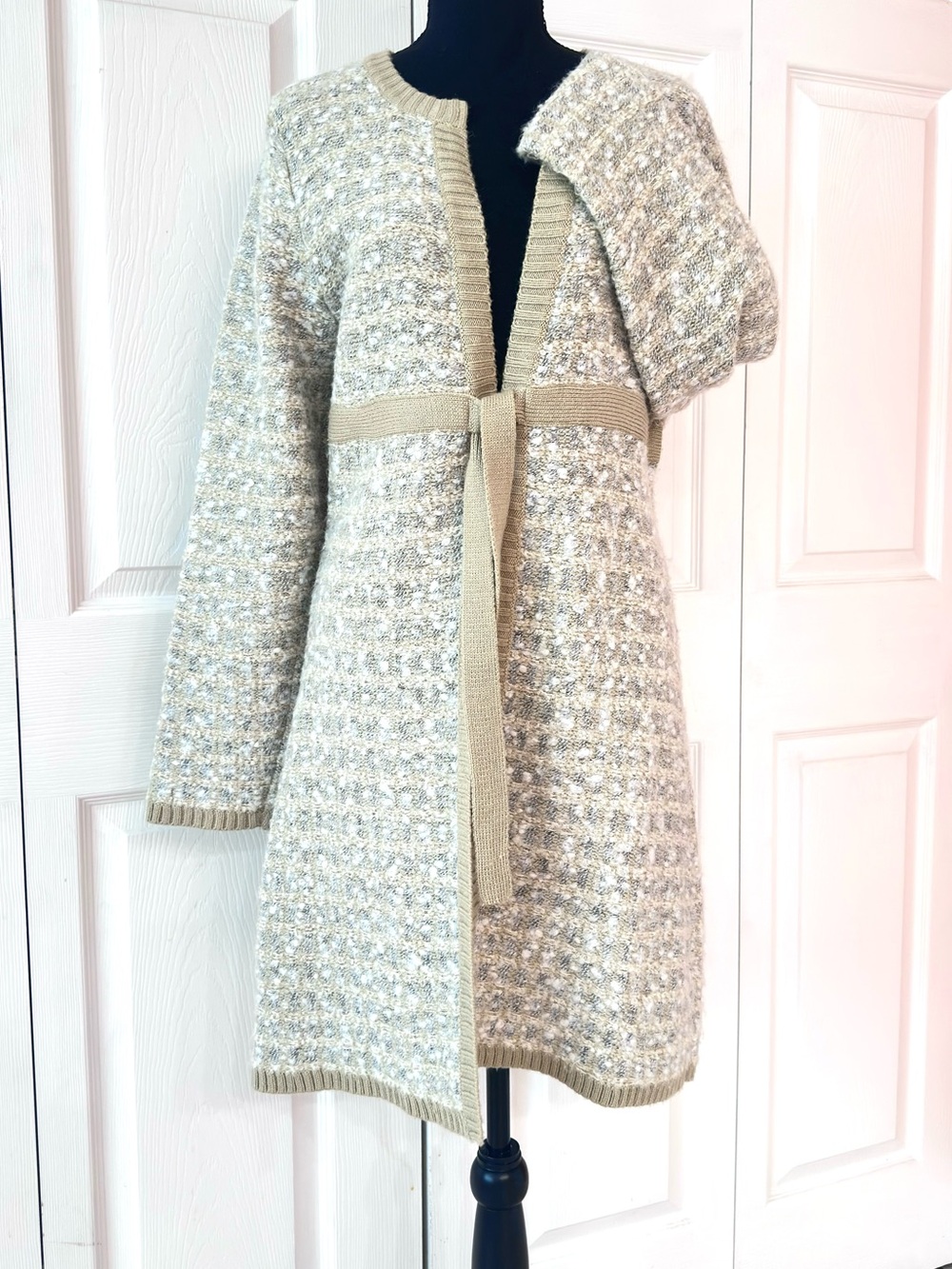 I.E. RELAXED ~ Beige/Gray/Cream Knit/Wool Long Open Front Cardigan with Belt